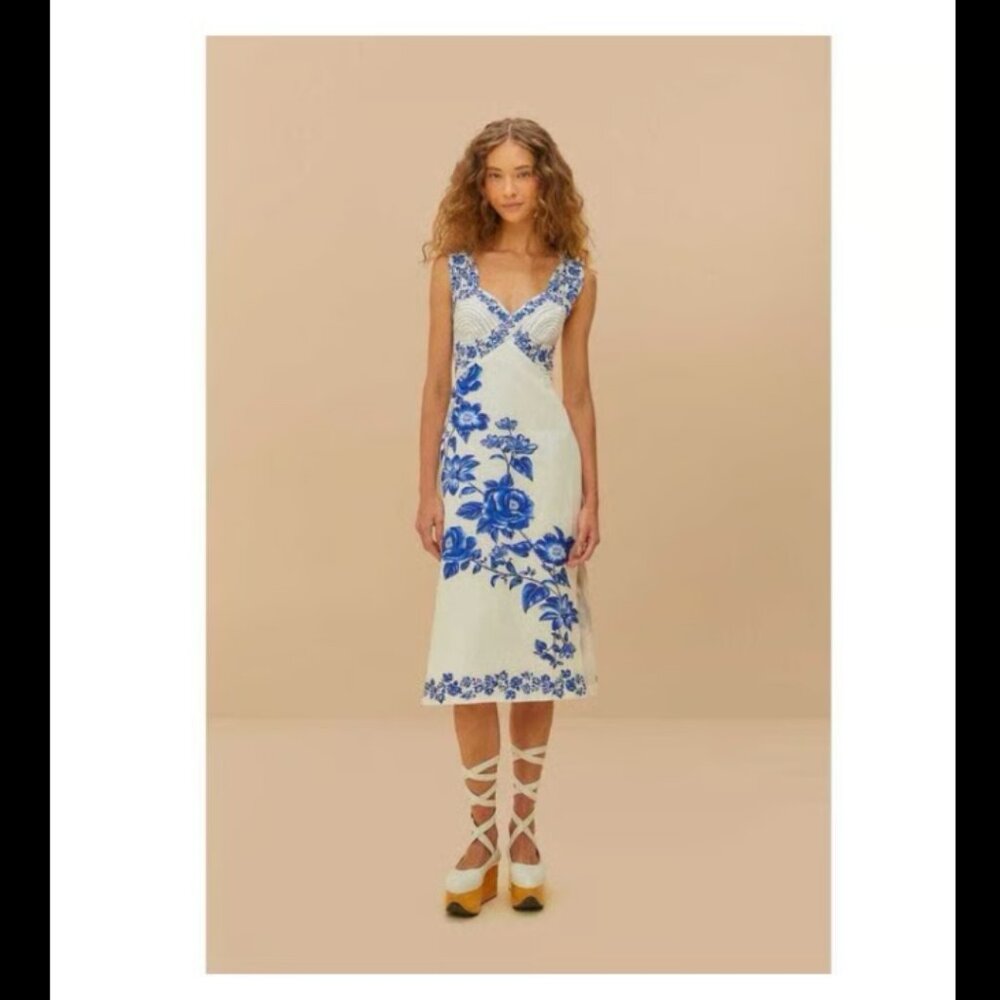 Farm Rio Cascade Floral Linen Midi Dress NWT